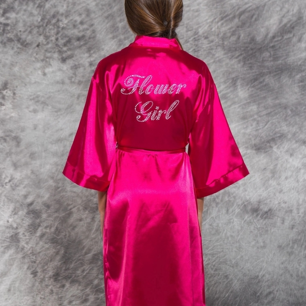 Flowergirl Satin Robe Kimono Wedding Party Pink with Gold Print M/12